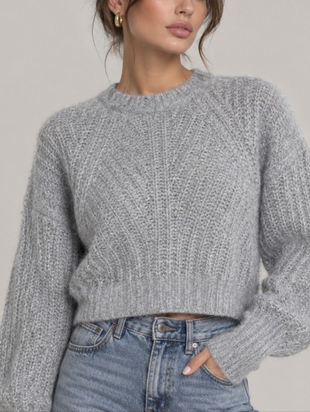 Abercrombie & Fitch Alpaca Blend Crop Sweater Light Gray Fuzzy Knit Size M